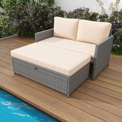 2 Pcs Patio Loveseat With 31 Gal Multifunctional Storage Ottoman And Soft Cushions