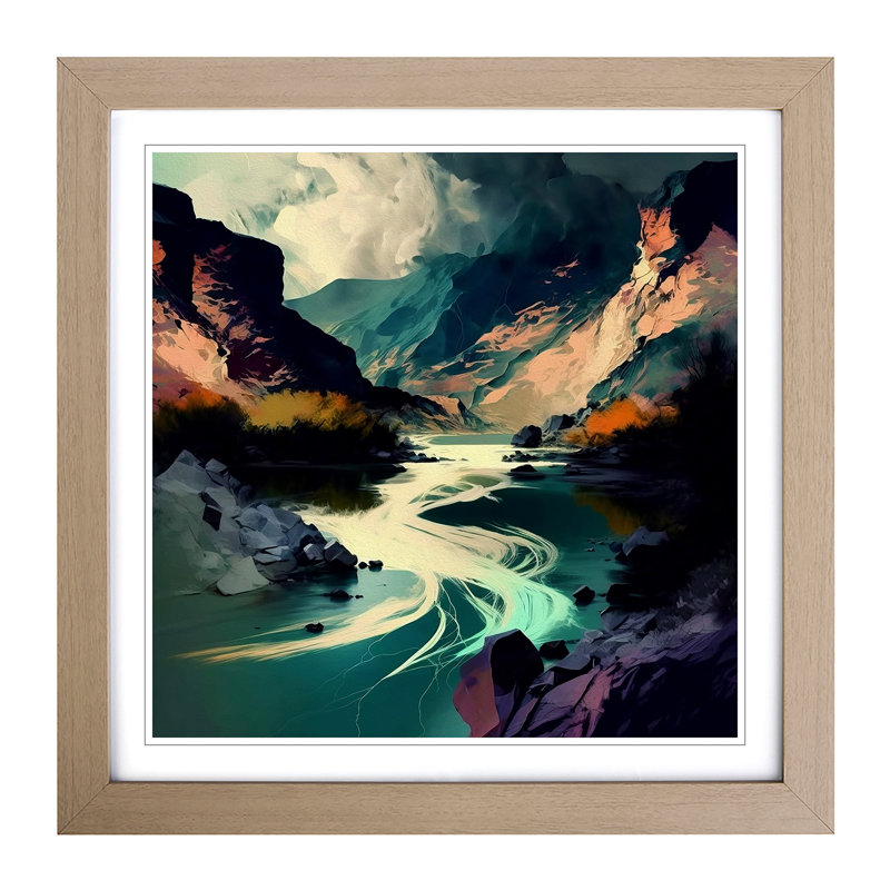 River Gestural - Single Picture Frame Print on Wood, Oak