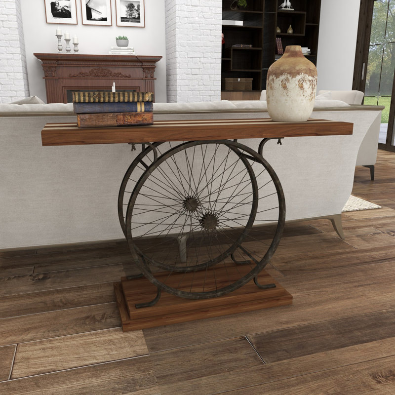 Crider Wood Wide Slatted Top Bike Brown Console Table with Dual Wheel Frame and Tiered Base