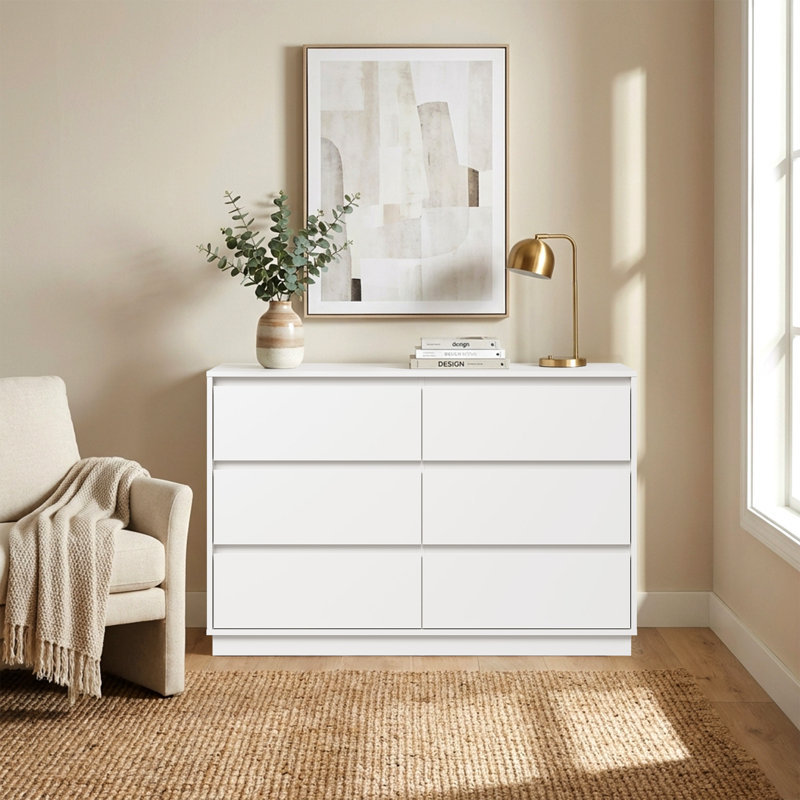 Commode 6 tiroirs 47 po de large avec station de charge, 2 prises CA, 1 port USB et 1 port Type-C , Blanc