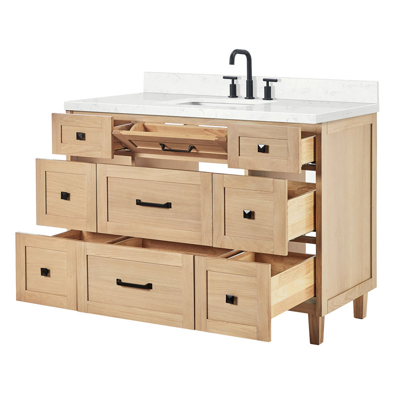 Meuble-lavabo simple en bois massif ARIEL Monroe, Chêne, 48" - 49", Carrara White Quartz