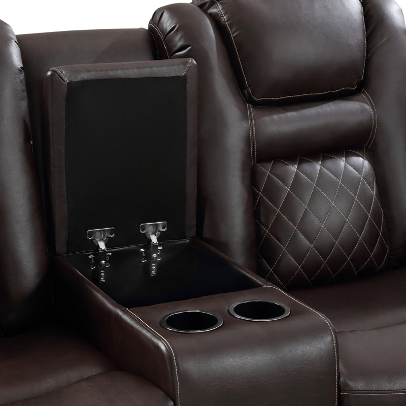Ensemble de salon 2 pièces en cuir Vegan de qualité supérieure avec port USB, porte-gobelets et console Almida, Brun