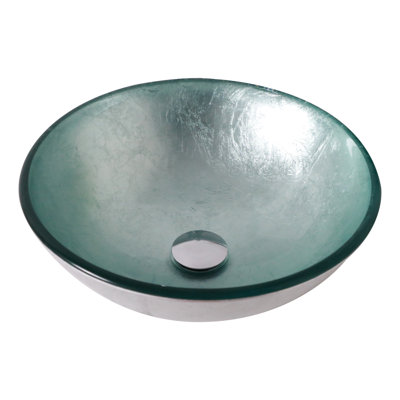 Artistic Tempered Glass Bathroom Vessel Sink In Silver, 15.56X15.56X5.26 Inch, Pop - Up Drain For Efficient And Sealed Drainage Silver Sink, Hygiene Aesthetic