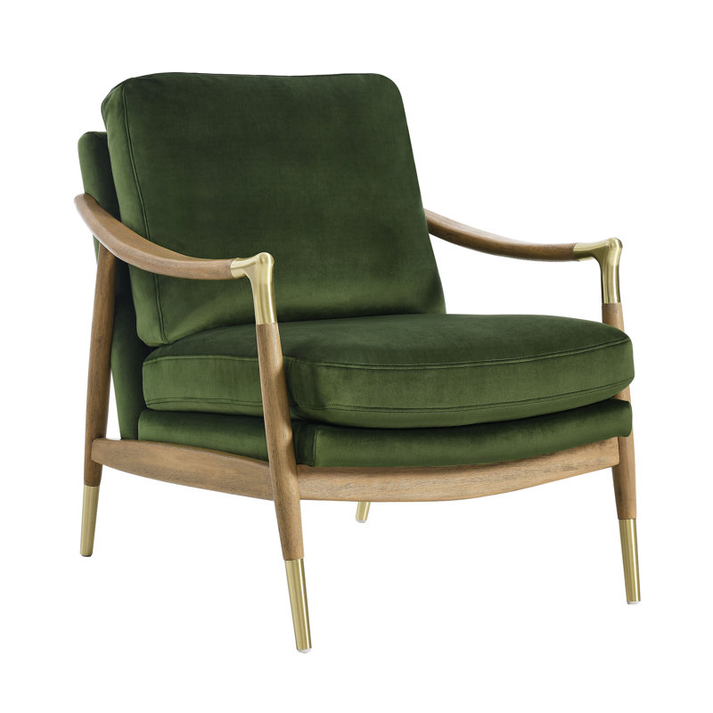 Moss Green Velvet Barrel Accent Chair with Walnut Wood Frame