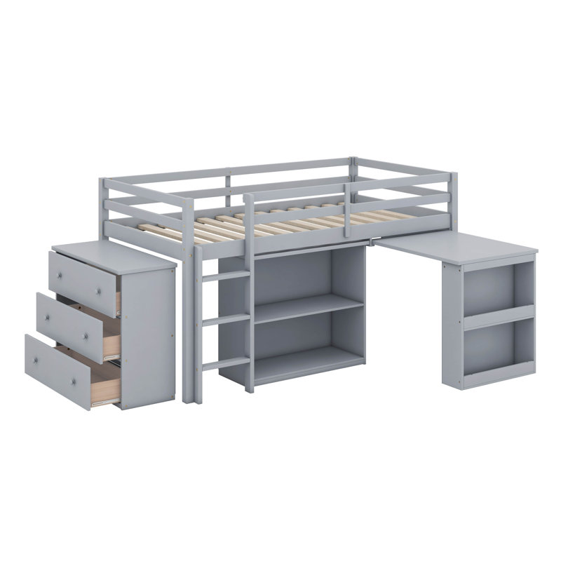 Lit mezzanine simple avec armoire à tiroirs, armoire à tablettes et bureau à tiroirs, gris