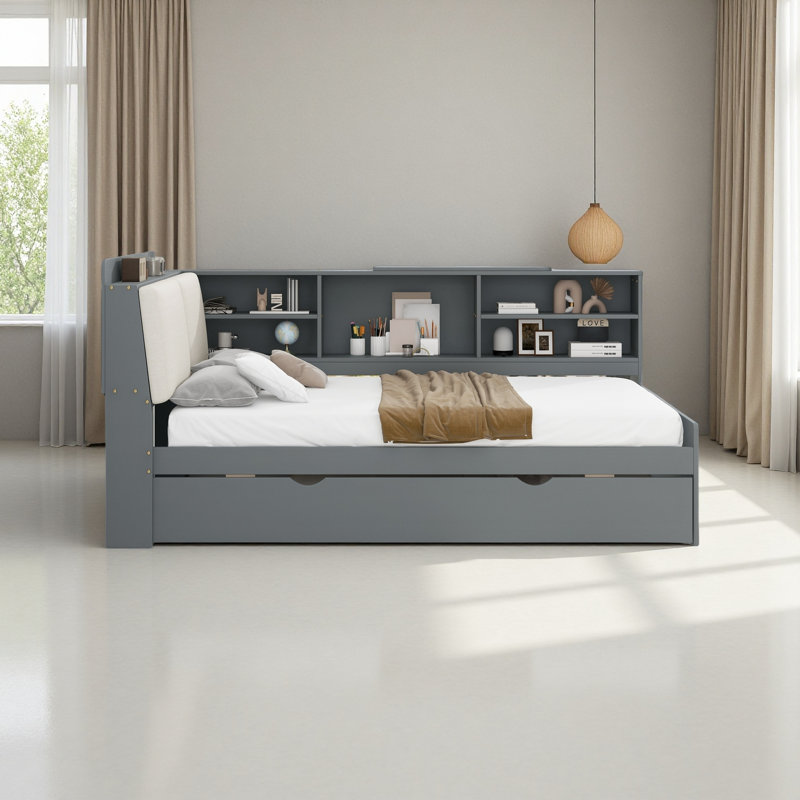 Lit plateforme, tablettes et tête de lit en bois, Gris / Blanc, Lit simple