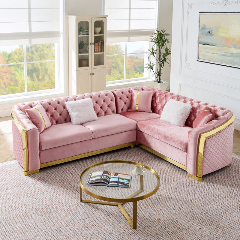 106 Inches L-Shaped Chesterfield Sectional Sofa Set With Gold Stainless Steel Accents, Velvet Button Tufted Sofa With 5 Pillows Luxury Couch For Living Room, Pink