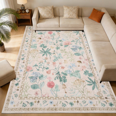 Washable Floral Area Rug, Non-Slip Low Pile Rug, Stain Resistance Carpet for Living Room, Bedroom, Dining Room