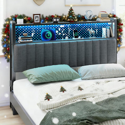 King Size Headboard, Adjustable Upholstered Headboard With 2 Tier Shelves And Pegboard With Charging Stations And LED Lights, Modern Bed Headboard With Storage Linen And Dark Gray