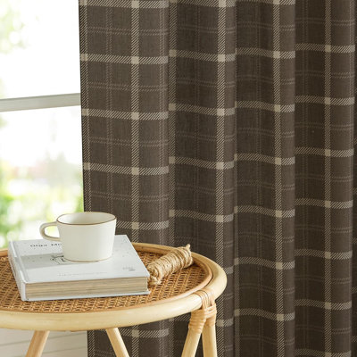 Rustic Grid Pattern Linen Light Filtering Plaid Curtains for Living Room Dining Room, Farmhouse Rod Pocket Back Tab Semi Sheer Window Curtains, 1 Pair