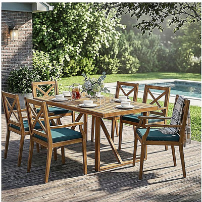 7 Pieces Acacia Wood Outdoor Dining Set with Cream Cushions,Modern 6 Chairs  1 Large Table,Dining Furniture Set for Lawn, Backyard, Garden Deck,Poolside,Teak