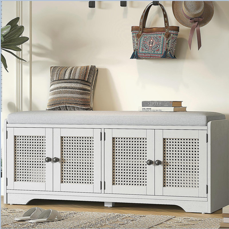 Banc de rangement rustique multifonctionnel pour chaussures avec coussin amovible, Beige / Blanc