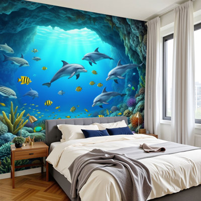 Peel and Stick Wallpaper Dolphin Coral Underwater Cave Tropical Fish Vibrant Ocean Life Coastal Wall Murals 100"H x 144"W Removable PVC Wall Paper Self-Adhesive Wall Decor for Bedroom Living Room Home Office