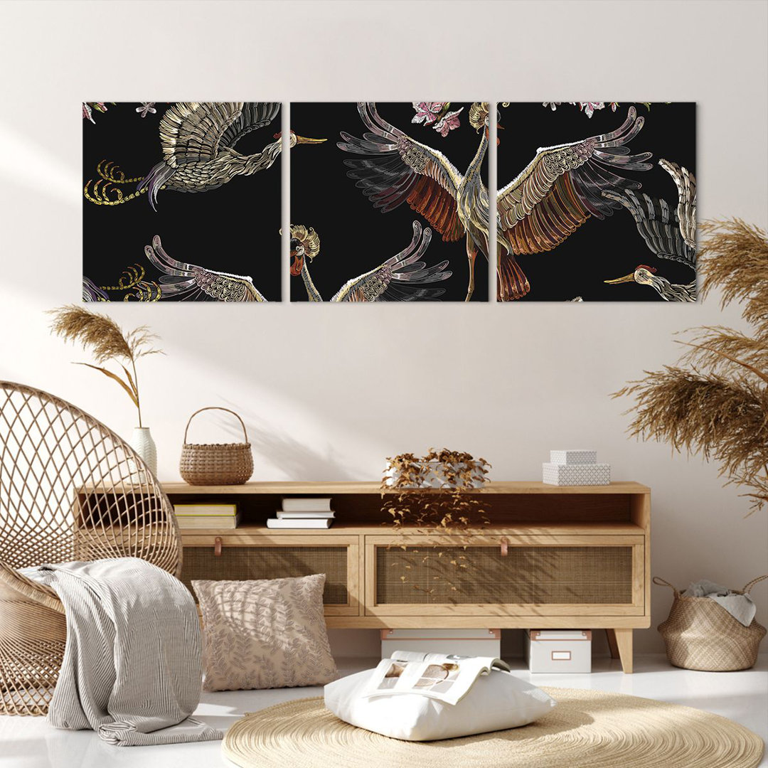 3-tlg. Leinwandbilder-Set Asian Birds Ornate