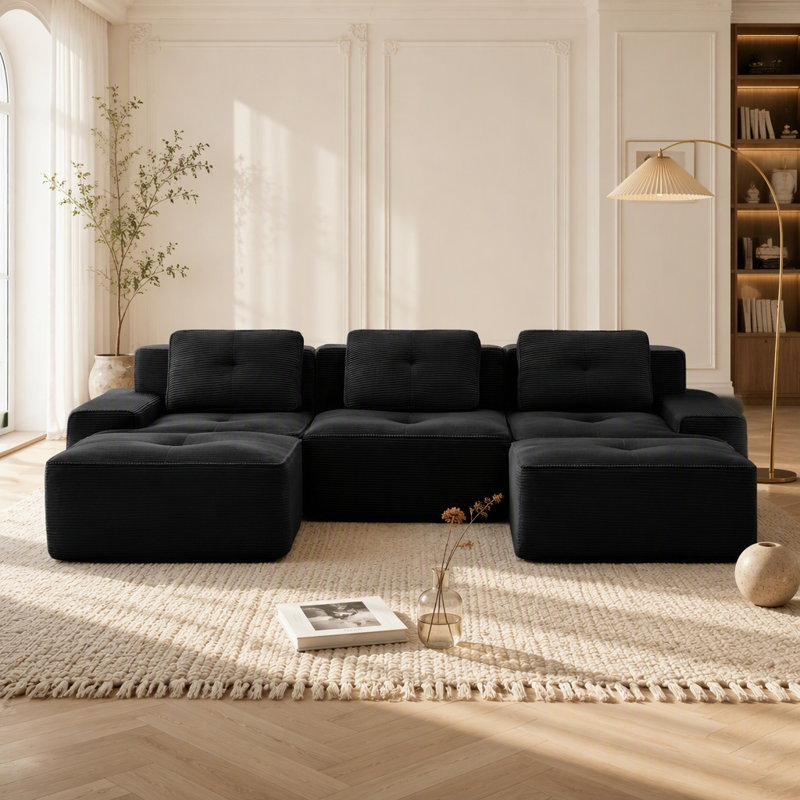 Canapé modulaire en forme de U de 117 pouces avec tissu en velours côtelé, assise profonde, repose-pieds mobile et design capitonné pour des espaces de vie élégants