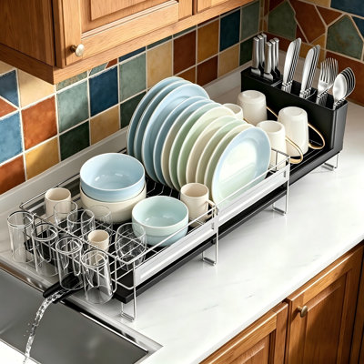 Expandable Stainless Steel Dish Drying Rack with Drain Board, Black