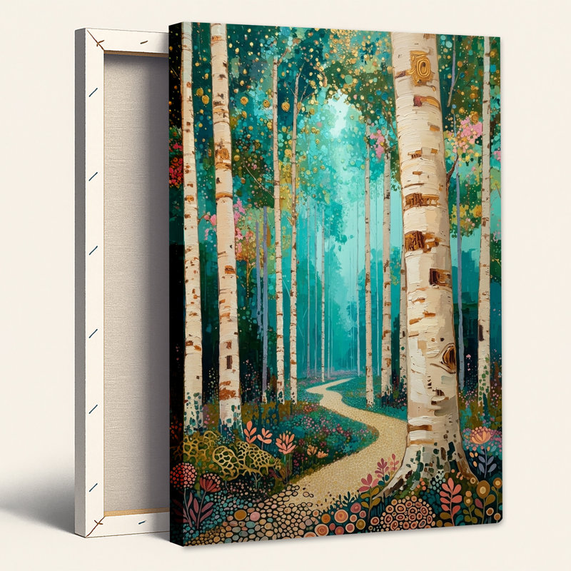 Tableau sur toile représentant des bouleaux le long d'un sentier sinueux dans une forêt turquoise, H 24 po x l 16 po