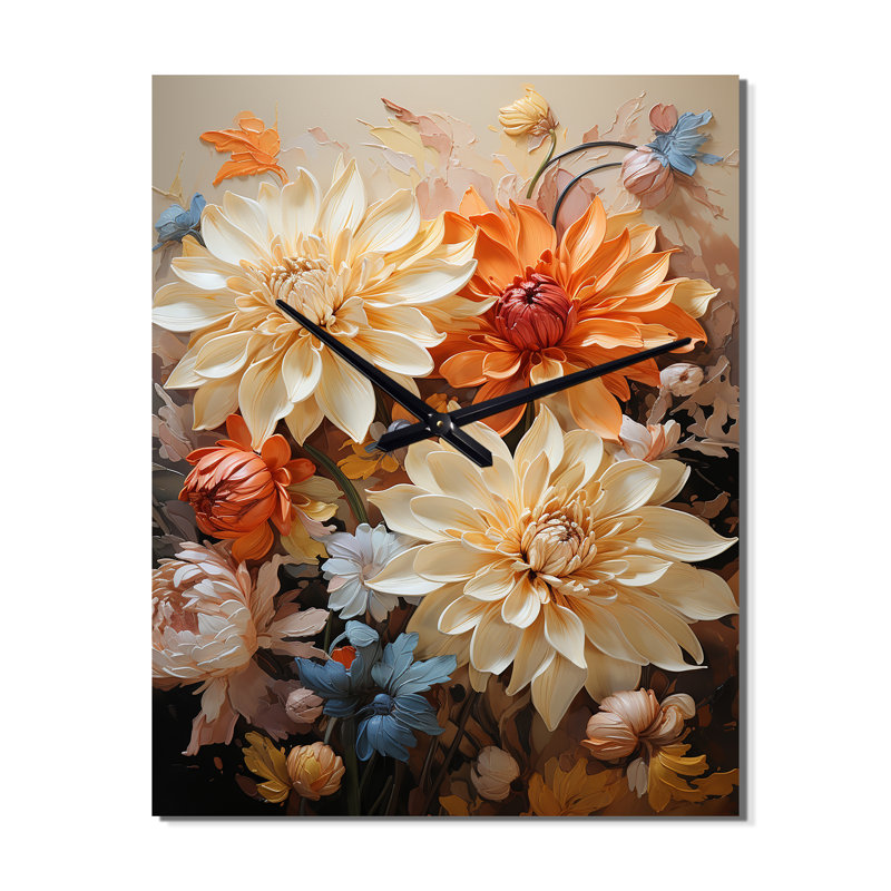 Chrysanthèmes automne patchwork I - Horloge murale florale, H 32 po x l 24 po x P 1 po
