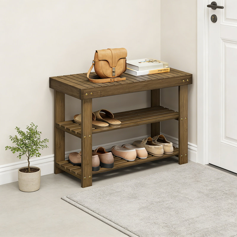 Banc à chaussures en bambou avec rangement à 3 niveaux, Brun
