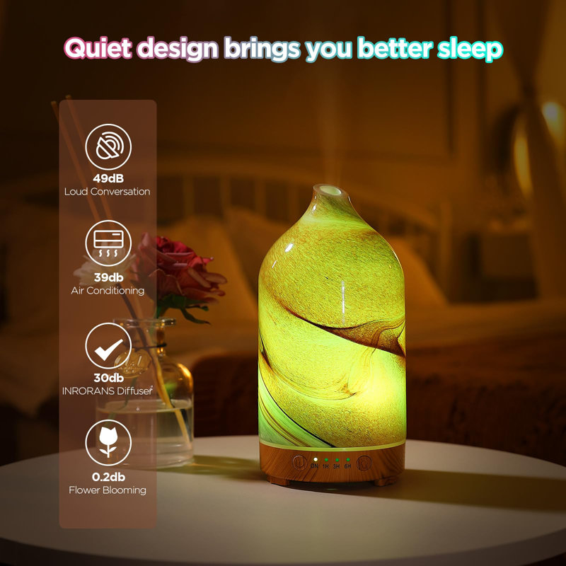 Essential Oil Diffuser Hand Blown Glass Aromatherapy Diffuser - Ultrasonic Cool Mist Scent Aroma Diffuser, Whisper Quiet With Auto Shut-Off, Timer Setting &7 Night Light For Home