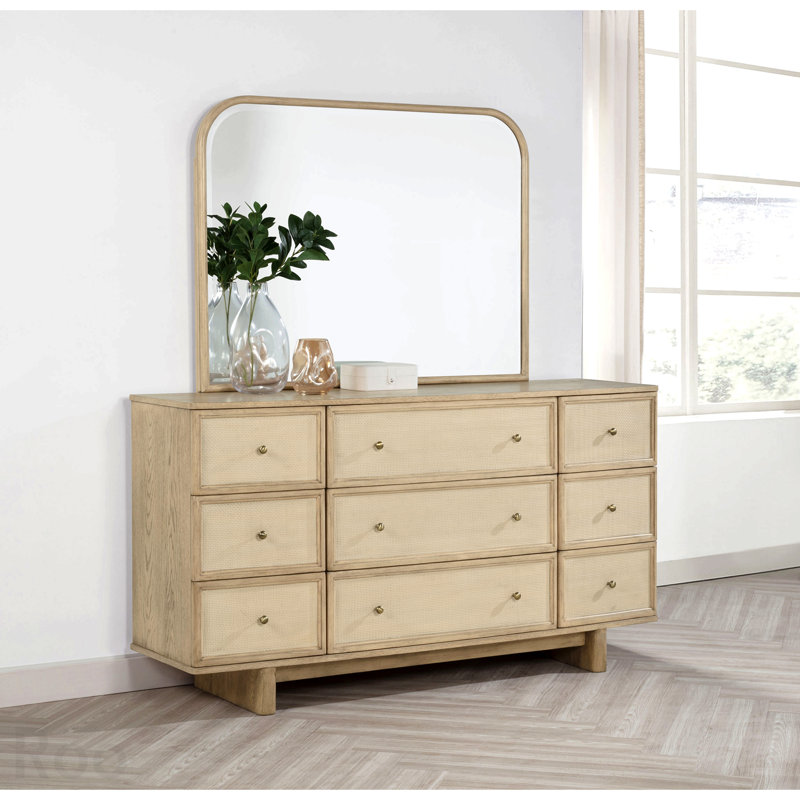 Commode 9 tiroirs avec miroir Beige Oak, collection Kimpton - Finition chêne beige