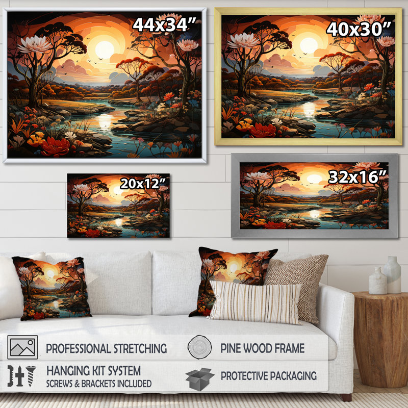 Riverforest Peach Sunset African Aura II - Landscapes Canvas Prints, H 34 po x l 44 po x P 1,5 po, Cadre flottant noir