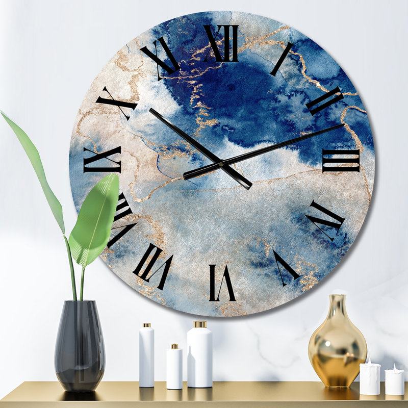 Horloge murale moderne bleu et or - nuages en marbre III, Moyen