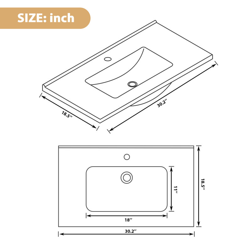 30 in. White Ceramic Rectangular Single Sink Bathroom Vanity Top