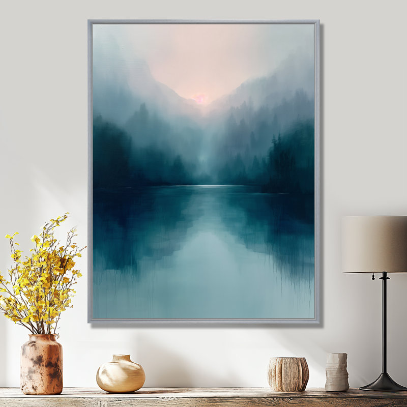 Monochromes gris, bleu, pluie, montagne, hiver, jours II - lac, art mural, salon, Encadrement argenté, 30" H x 40" W