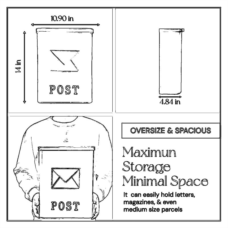 The Serena Mailbox - Boîte aux lettres murale classique avec design résistant aux intempéries, grande capacité pour les lettres et les colis, finition noir mat