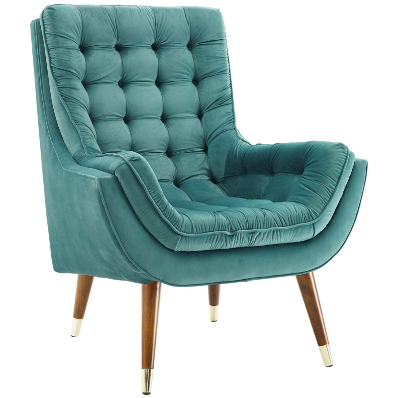 Suggest Button Tufted Upholstered Velvet Lounge Chair, Teal Plainweave