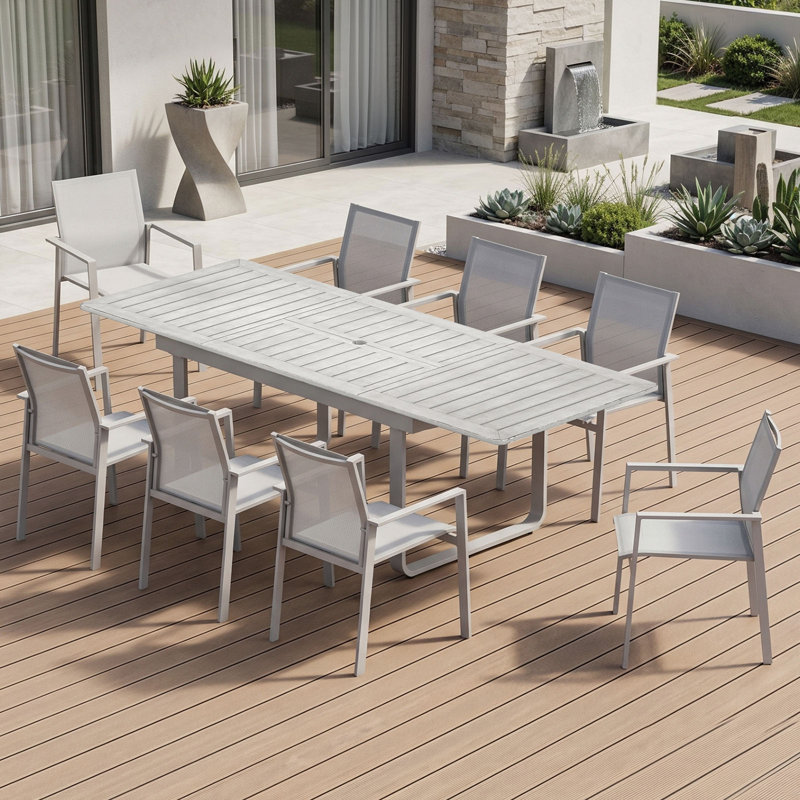 9-Piece Expandable Patio Dining Set for 8, Never-Rust Aluminum Patio Table and Chairs Set, Outdoor Dining Set Outdoor Furniture Set with Stackable Dining Chairs for Deck, Lawn, Poolside
