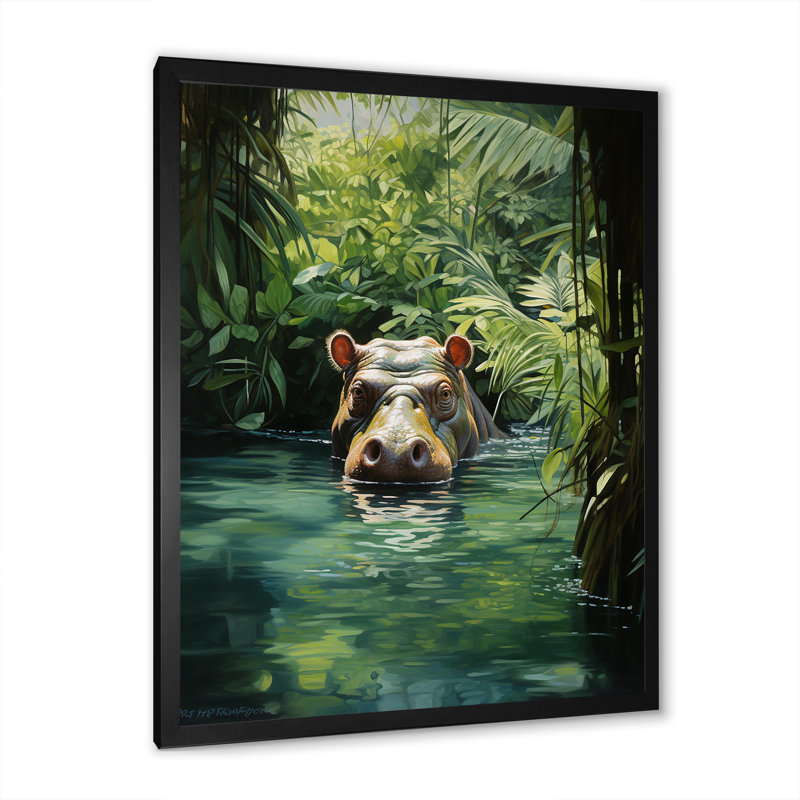 «Hippo Secret Hideaway 1 - Hippopotamus», art mural, Cadre simple noir, H 20 po x l 12 po x P 1 po
