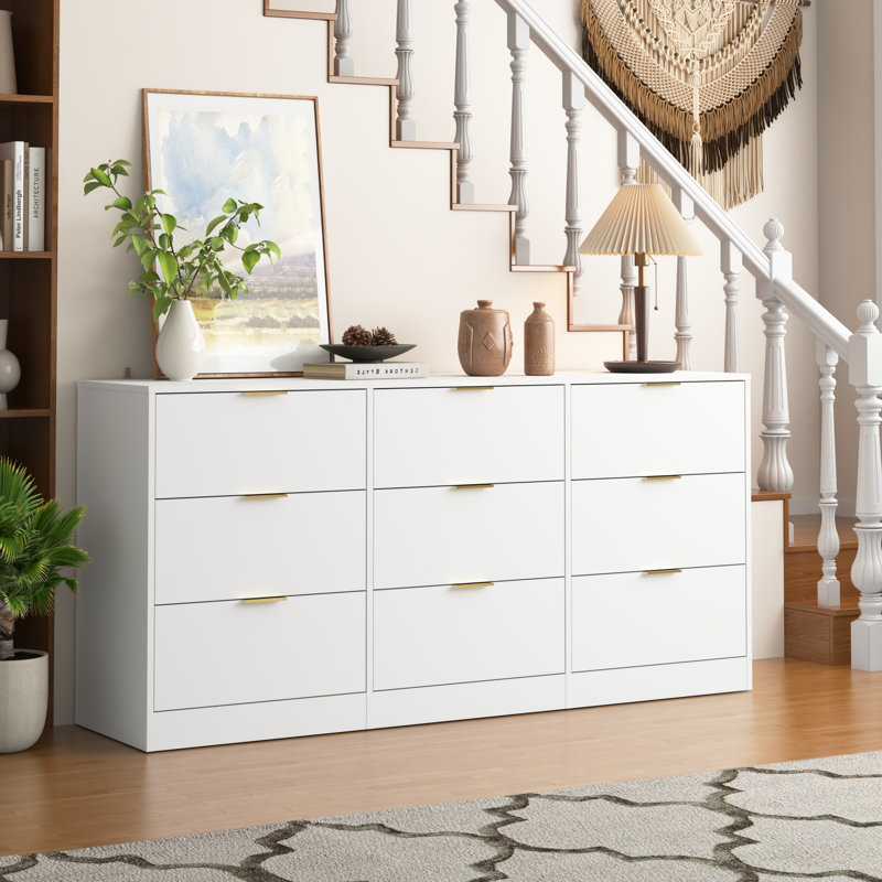 Commode 9 tiroirs, grande commode profonde, armoire de rangement en bois