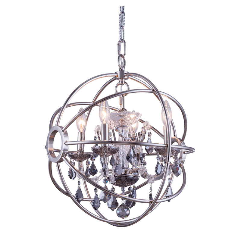 Lustre en forme de globe à 4 lumières avec détails en cristal Svante, Teck doré (fumé), Nickel poli