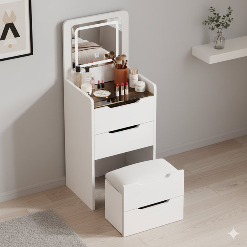 (48CM) 3-In-1 Vanity Desk With A Flip-Top Mirror. A Small Makeup Vanity Set With A Visible Glass Desktop, Compact Design With Three Drawers. Serves As A Dressing Table For Bedrooms, In White Color.