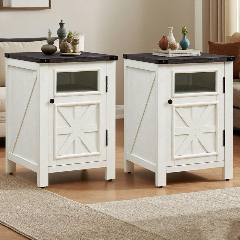 Ensemble de table de chevet Farmhouse avec station de charge, table de bout en bois avec porte de grange et tablette réglable