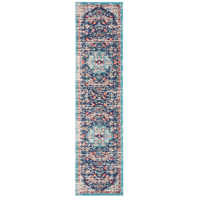 Felty Oriental Power Loom Polypropylene Area Rug in Black/Teal, Runner 2'2" x 12'