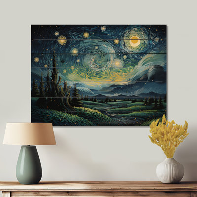 «The Swaying Cypress Pointillism IV - Vangogh Landscape», art mural sur bois de pin naturel