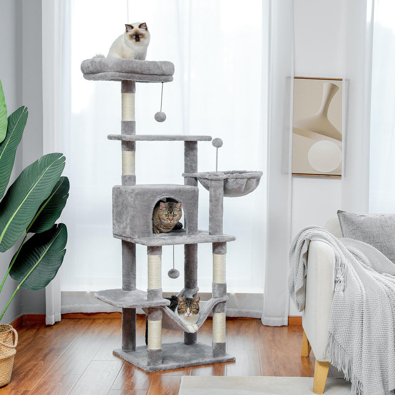 Arbre à chat de 60 pouces avec appartement, hamac pour chat, poteaux à griffer recouverts de sisal naturel et perchoir en peluche