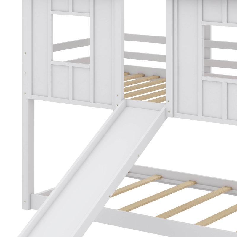 Twin-Over-Twin House-Style Bunk Bed With Slide And Windows