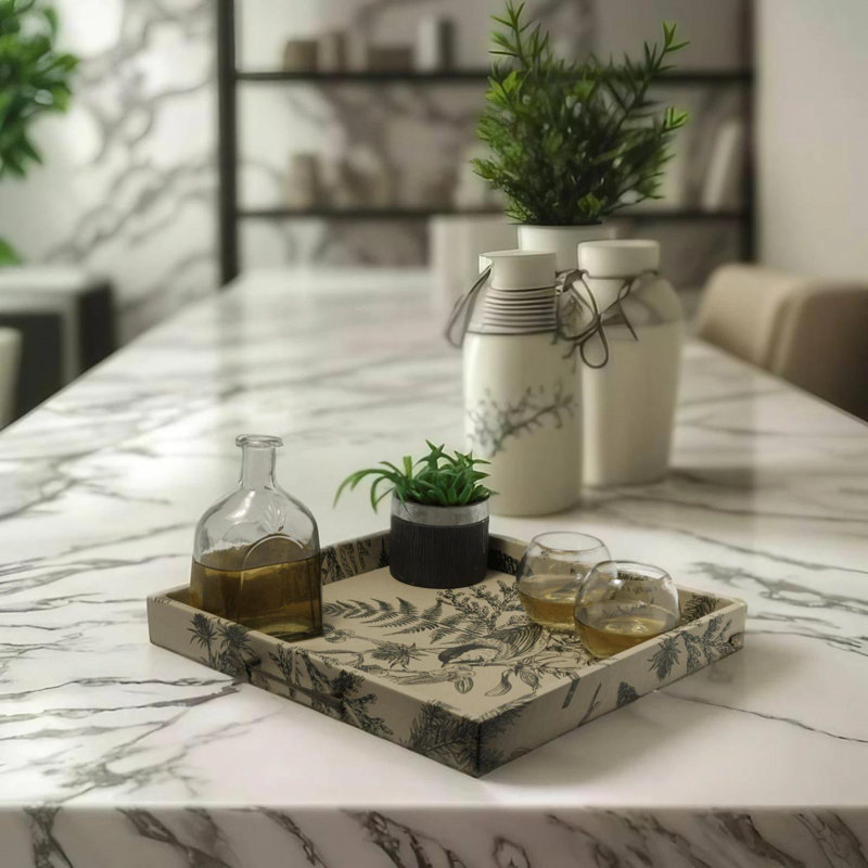 Plateau de service carré beige à motif floral 16 po