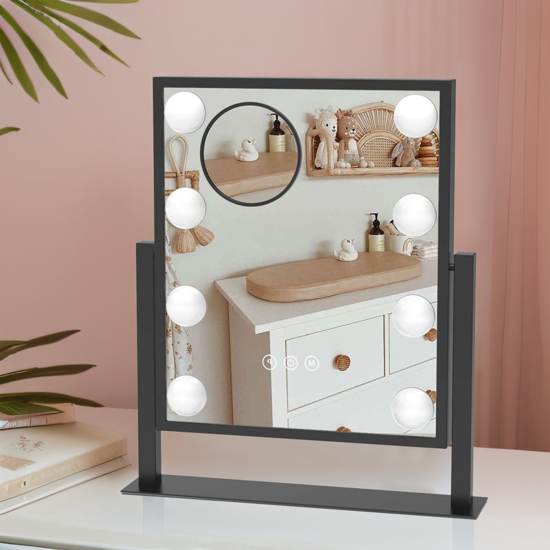 Miroir de meuble-lavabo pour bureau avec 8 ampoules DEL, 3 lumières, commande tactile, loupe 10X détachable, noir, Noir