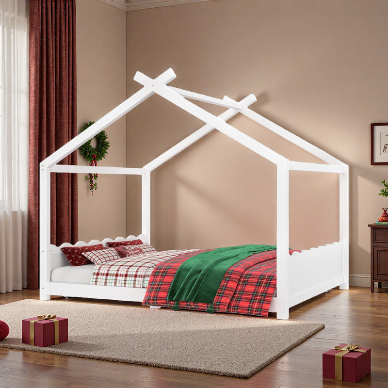 Lit de maison avec lattes de soutien, cadre de lit de maison en bois massif pour enfants, pas de sommier tapissier et structure d'ouverture