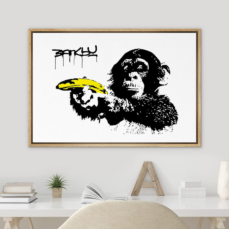 Singe Banksy avec banane, H 16 po x l 24 po x P 1,5 po, Cadre flottant naturel
