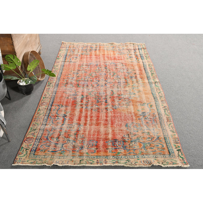 Tapis turc rétro Anatolian - Oushak en laine rouge tissé à la main pour un décor éclectique brun / rouge