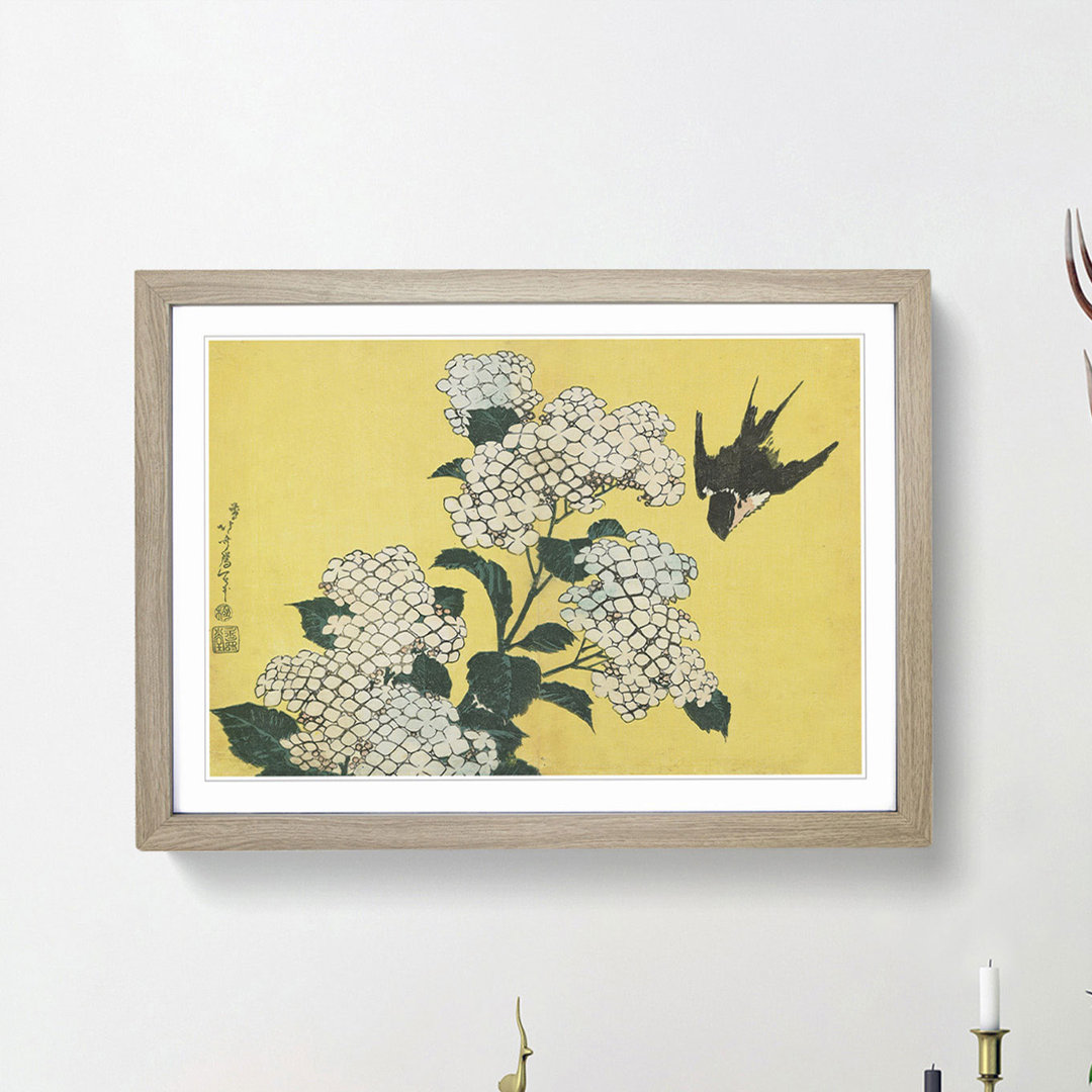 Hydrangeas and Swallow by Katsushika Hokusai - Framed Print
