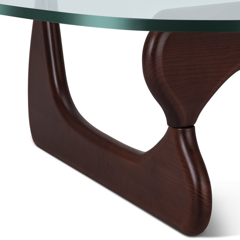 Triangle Glass Coffee Table with Wooden Base Clear Glass Top Mid-Century Abstract Glass Table, Dark Brown