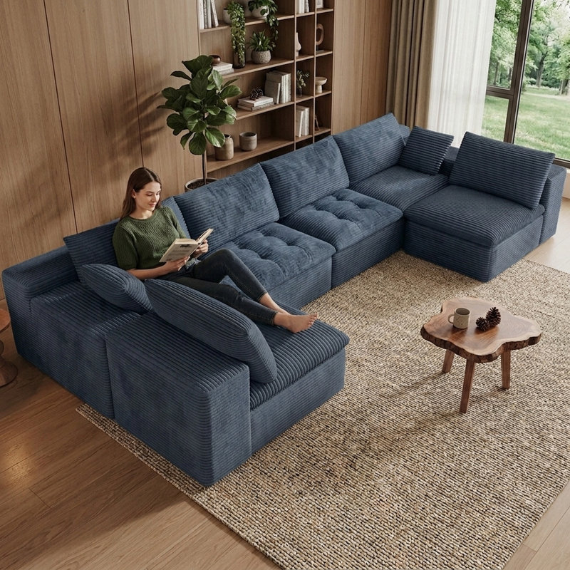 Canapé d'angle modulaire en forme de U de 343 cm (135 po) sans ossature apparente, composé de 2 canapés individuels et de 2 causeuses, canapé convertible en velours côtelé, canapé à compression sans assemblage requis, dossier à coussins réglables pour salon, bleu