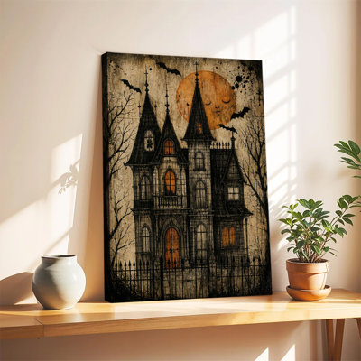 Manoir hanté antique avec pleine lune orange et chauves-souris volantes, toile murale gothique pour l'Halloween